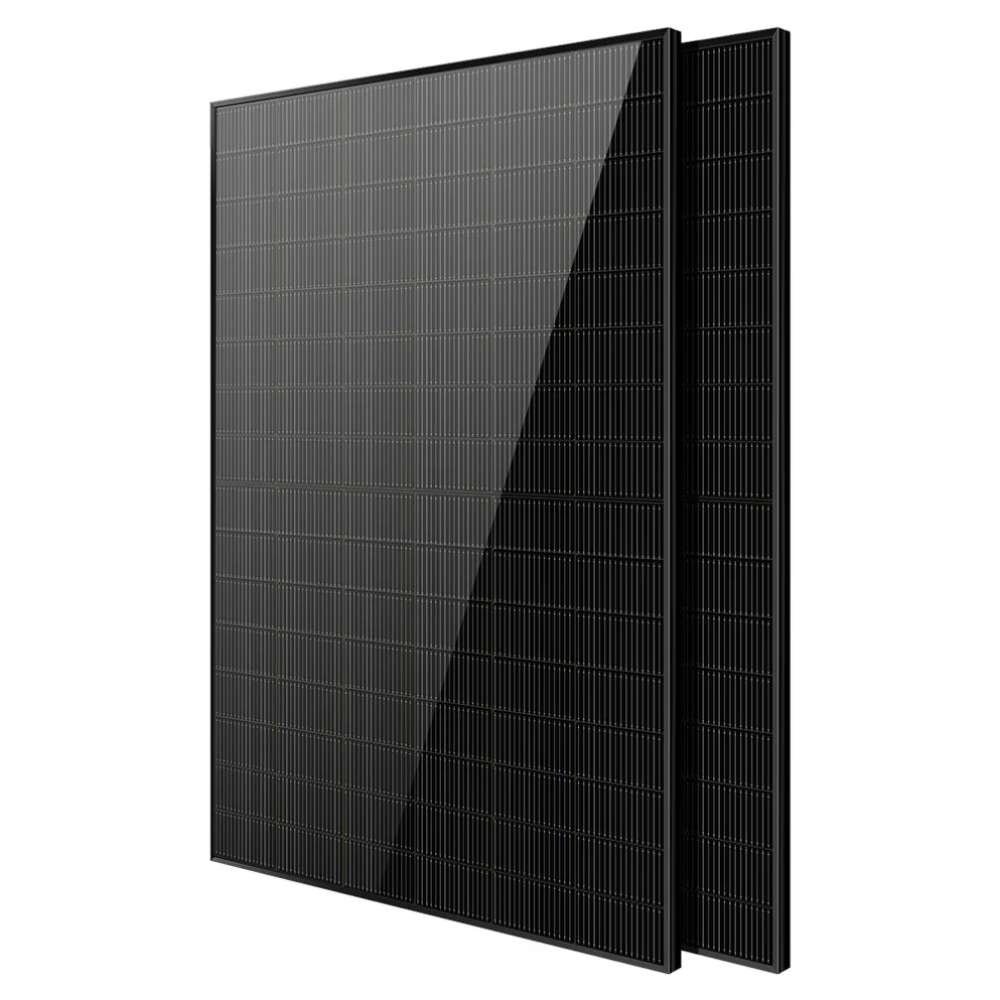 2 Sun Gold Power 450W Bifacial N-Type Monocrystalline Solar Panels shown stacked with sleek black monocrystalline modules on a white background
