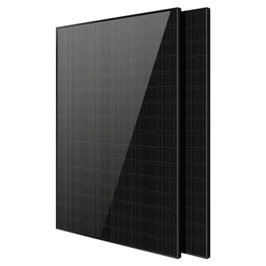 2 Sun Gold Power 450W Bifacial N-Type Monocrystalline Solar Panels shown stacked with sleek black monocrystalline modules on a white background