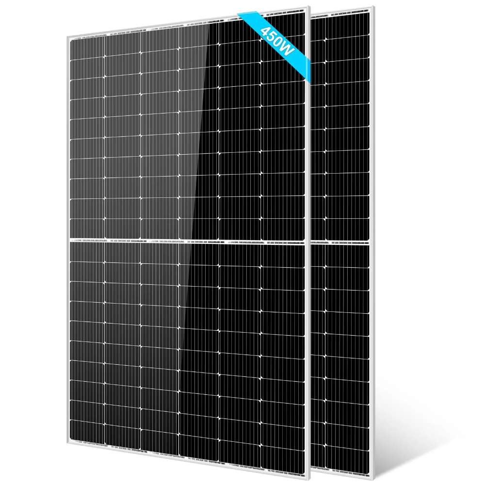 2 Sun Gold Power 450W Monocrystalline PERC Solar Panels shown as a two-panel bundle with sleek black cells and silver frames on a white background