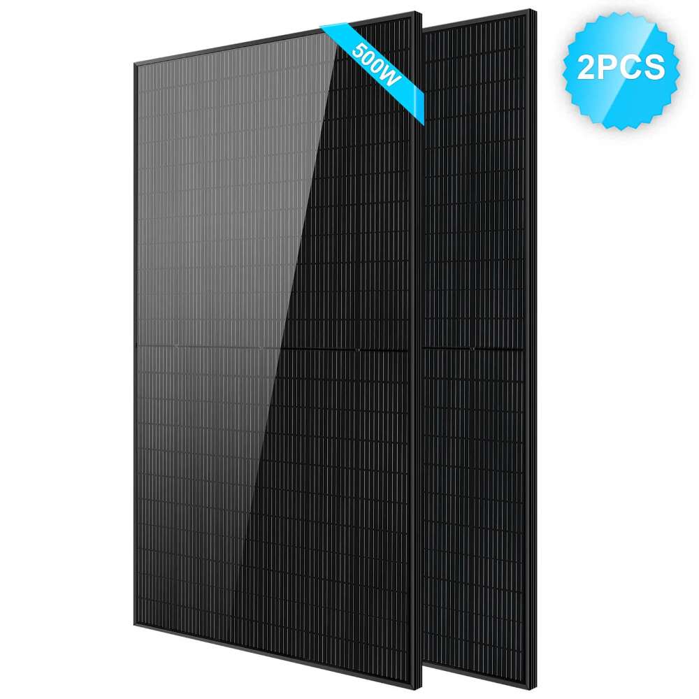 2 Sun Gold Power 500W Mono Black PERC Solar Panel package with two sleek black panels displayed against a white background