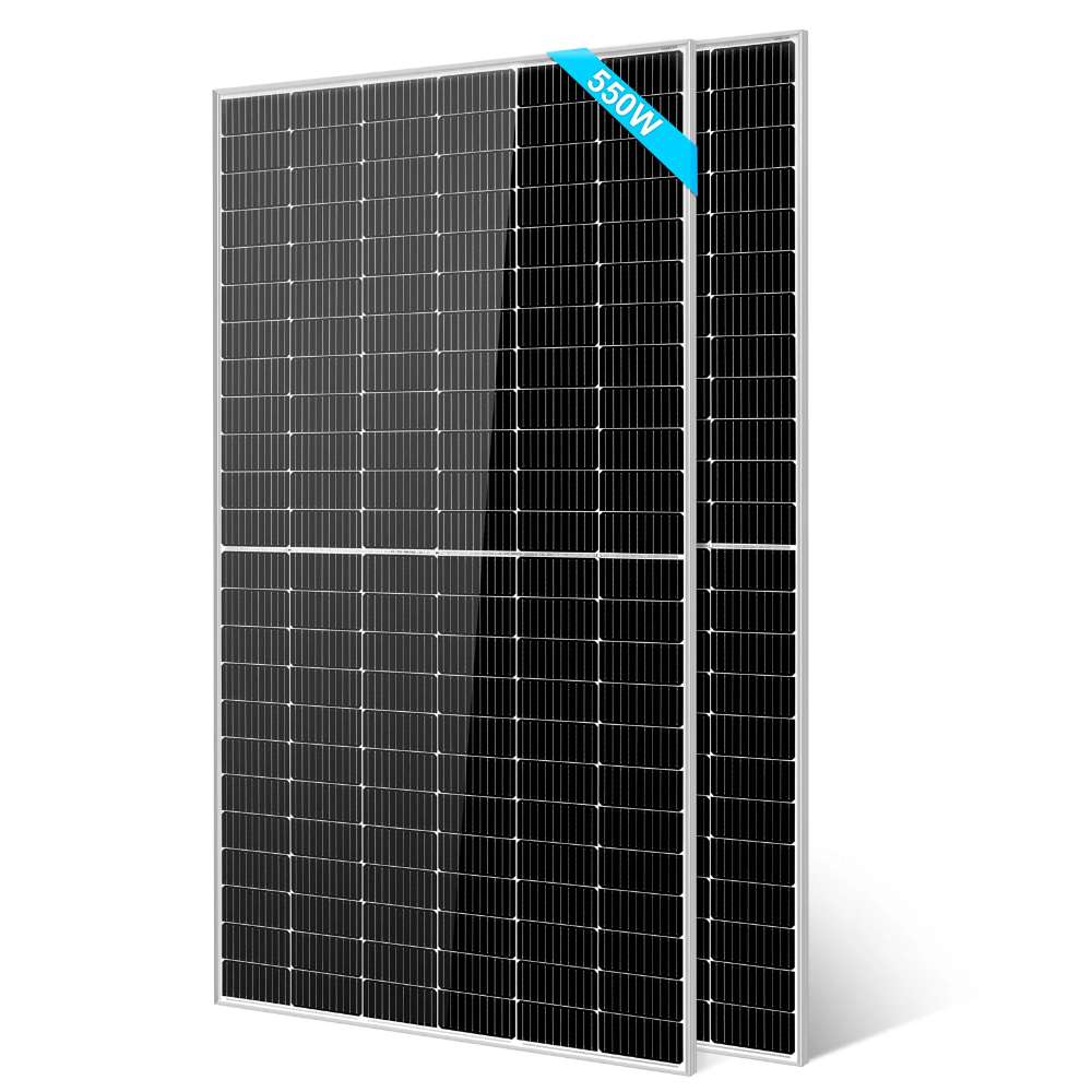 2 Sun Gold Power 550W Monocrystalline PERC Solar Panel units stand upright with black solar cells and silver frames against a white background