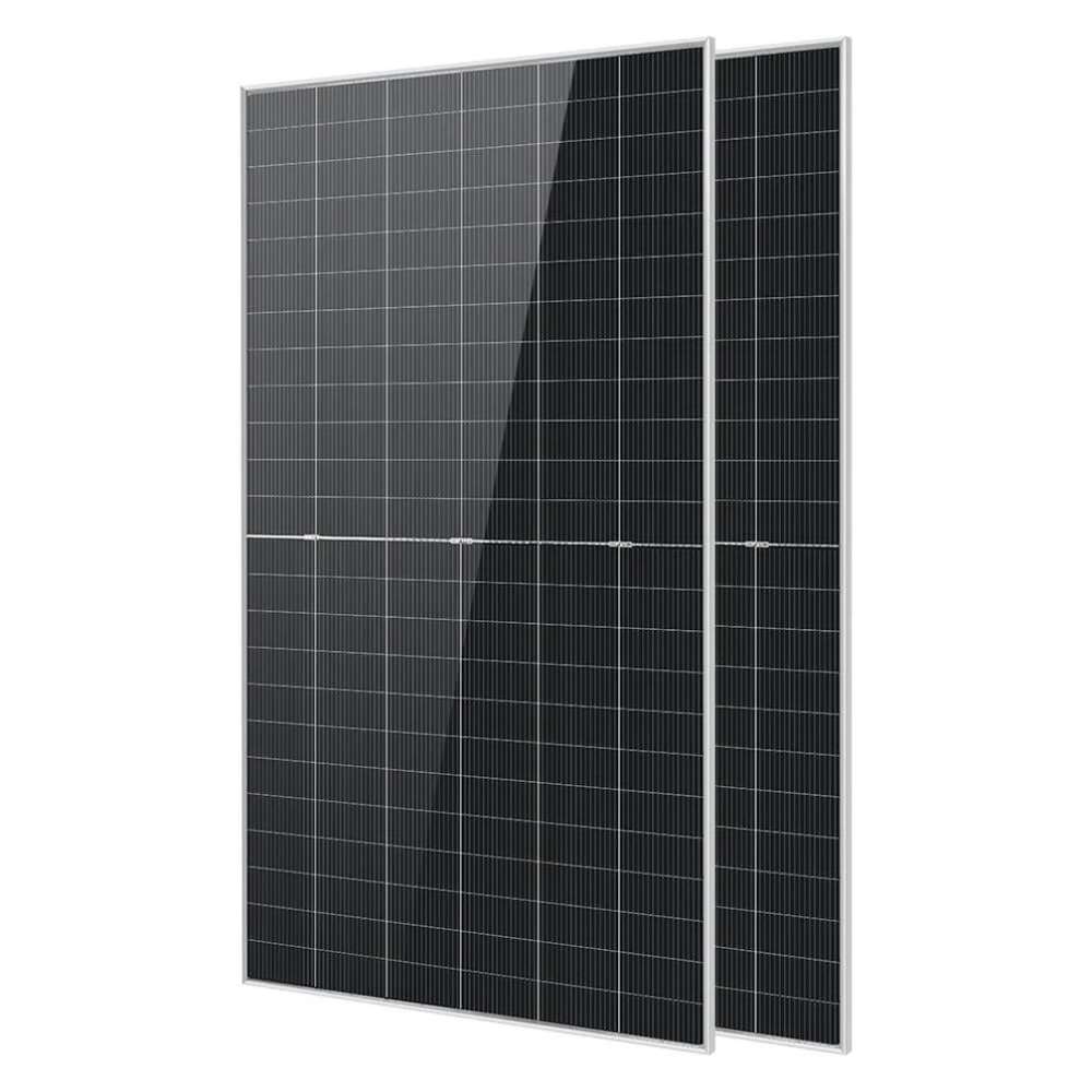 2 Sun Gold Power 590W Bifacial N-Type Monocrystalline Solar Panels shown with one panel in front and one slightly behind on a white background