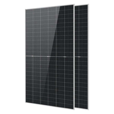 2 Sun Gold Power 590W Bifacial N-Type Monocrystalline Solar Panels shown with one panel in front and one slightly behind on a white background