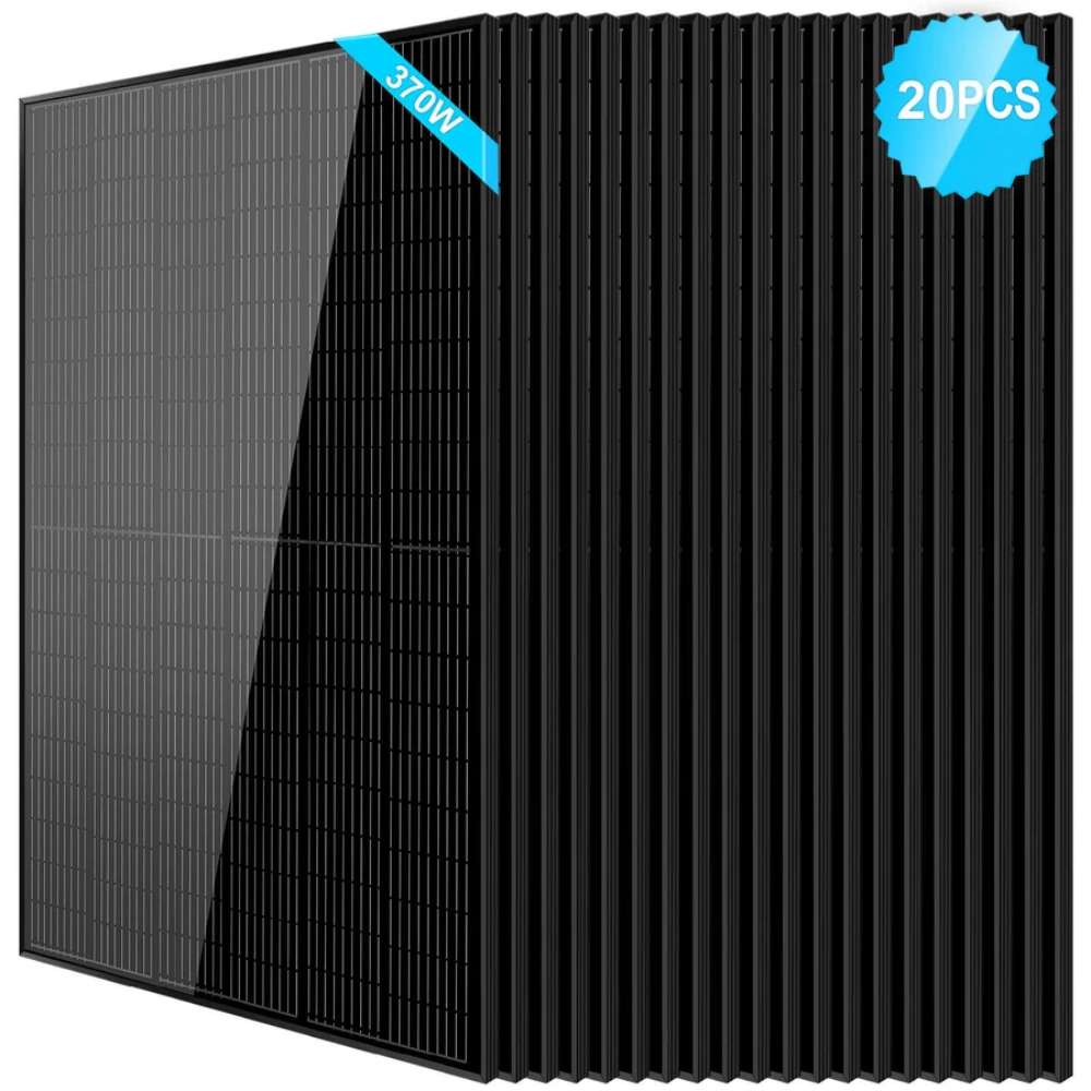 20 Sun Gold Power 370W Mono Black PERC Solar Panels shown in a staggered lineup designed for high-output solar arrays
