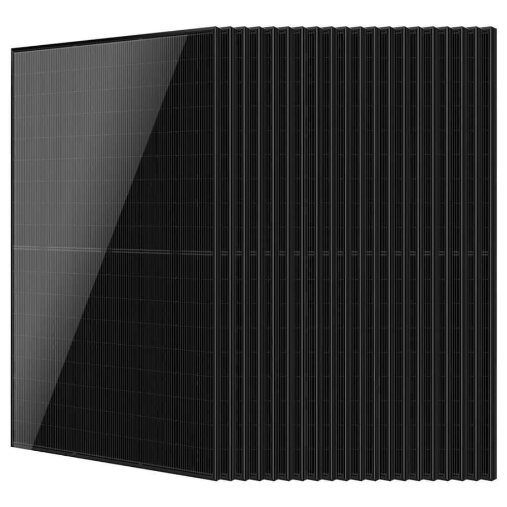 20 Sun Gold Power 440W Mono Black N-Type Solar Panel units are displayed standing upright in a large staggered stack on a white background