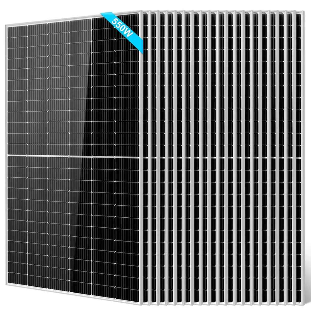 20 Sun Gold Power 550W Monocrystalline PERC Solar Panel units are shown in a dense overlapping display with black cells and silver frames
