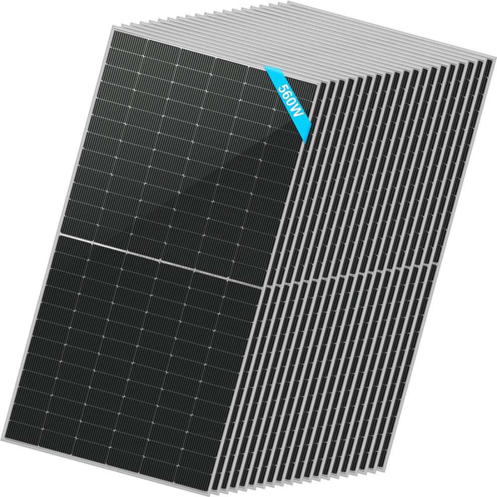 20 Sun Gold Power 560W Bifacial N-Type Solar Panels arranged in a wide layered stack highlighting the bulk package