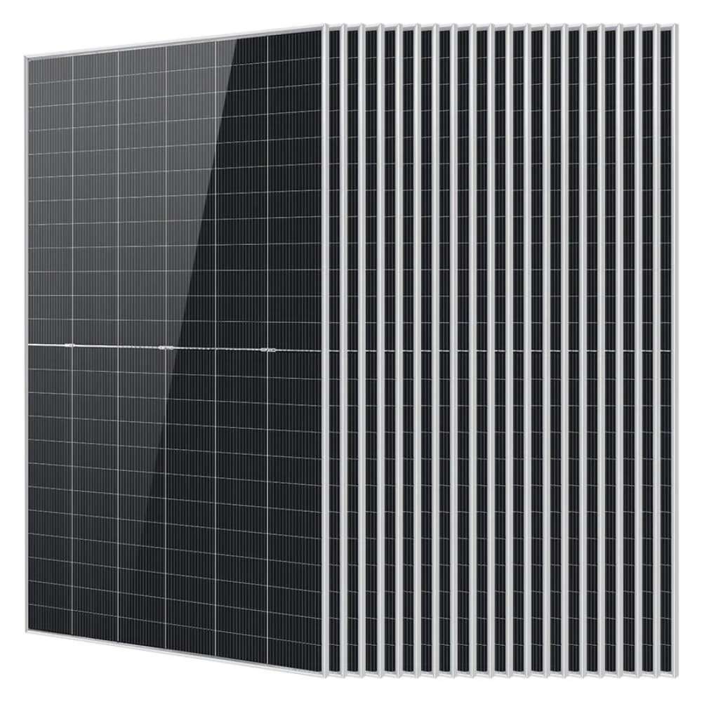 20 Sun Gold Power 590W Bifacial N-Type Monocrystalline Solar Panels displayed with one front-facing panel and nineteen stacked behind on a white background