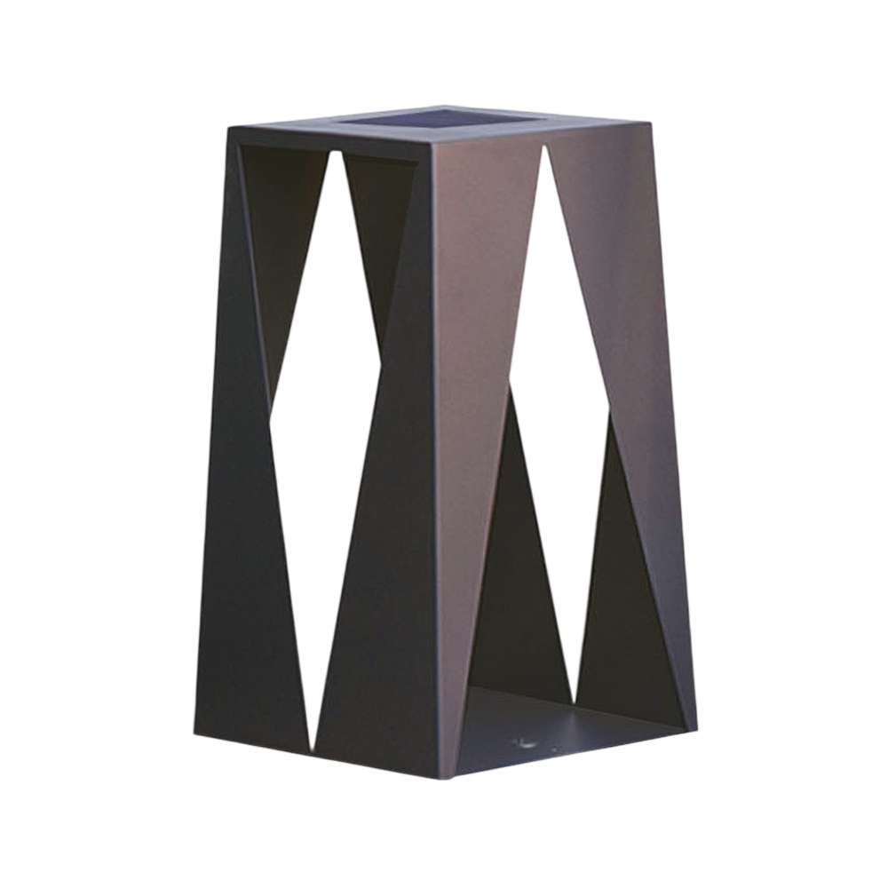 20 Inch Cafe Brown Crate & Barrel Teatree Cafe Metal LED Solar Outdoor Lantern in carbon steel with an open triangular frame and conical reflector, shown in the main product view