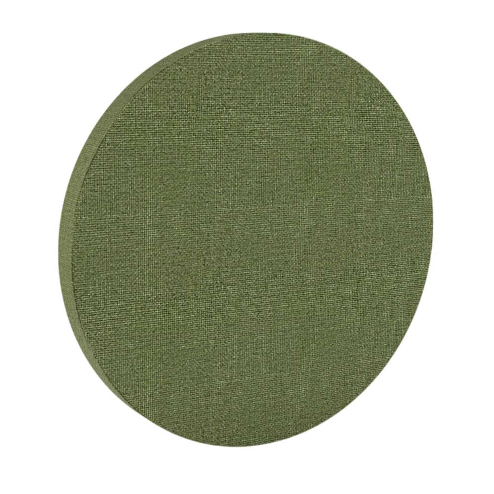 200Hz SpotPanel Circle Fair Isle GIK Acoustics DecoShape Acoustic Panel in a circular shape with an olive green fabric finish