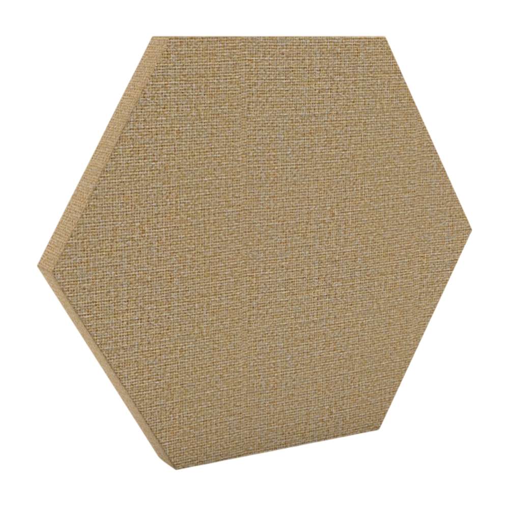200Hz SpotPanel Hexagon Austen GIK Acoustics DecoShape Acoustic Panel in a hexagonal shape with a textured tan fabric finish