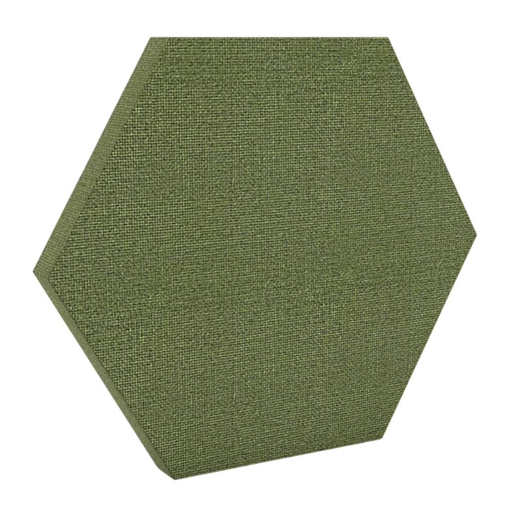 200Hz SpotPanel Hexagon Fair Isle GIK Acoustics DecoShape Acoustic Panel in a hexagonal shape with an olive green fabric finish