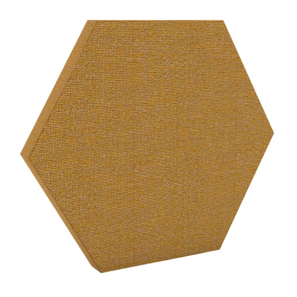 200Hz SpotPanel Hexagon Maree GIK Acoustics DecoShape Acoustic Panel in a hexagonal shape with a warm golden tan fabric finish