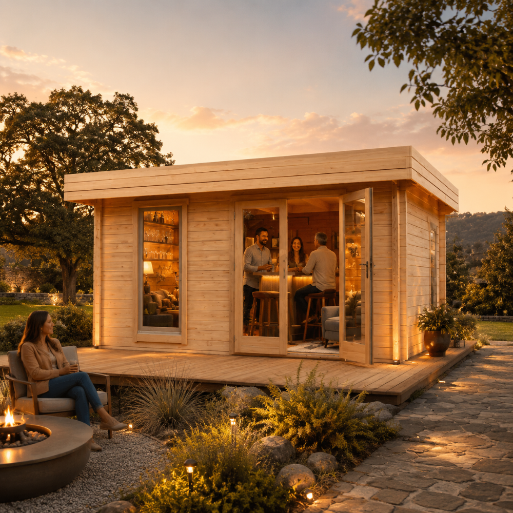 Rectangular wood studio with glass doors and deck, illuminated at sunset with people inside the Miriam 44a Modern.