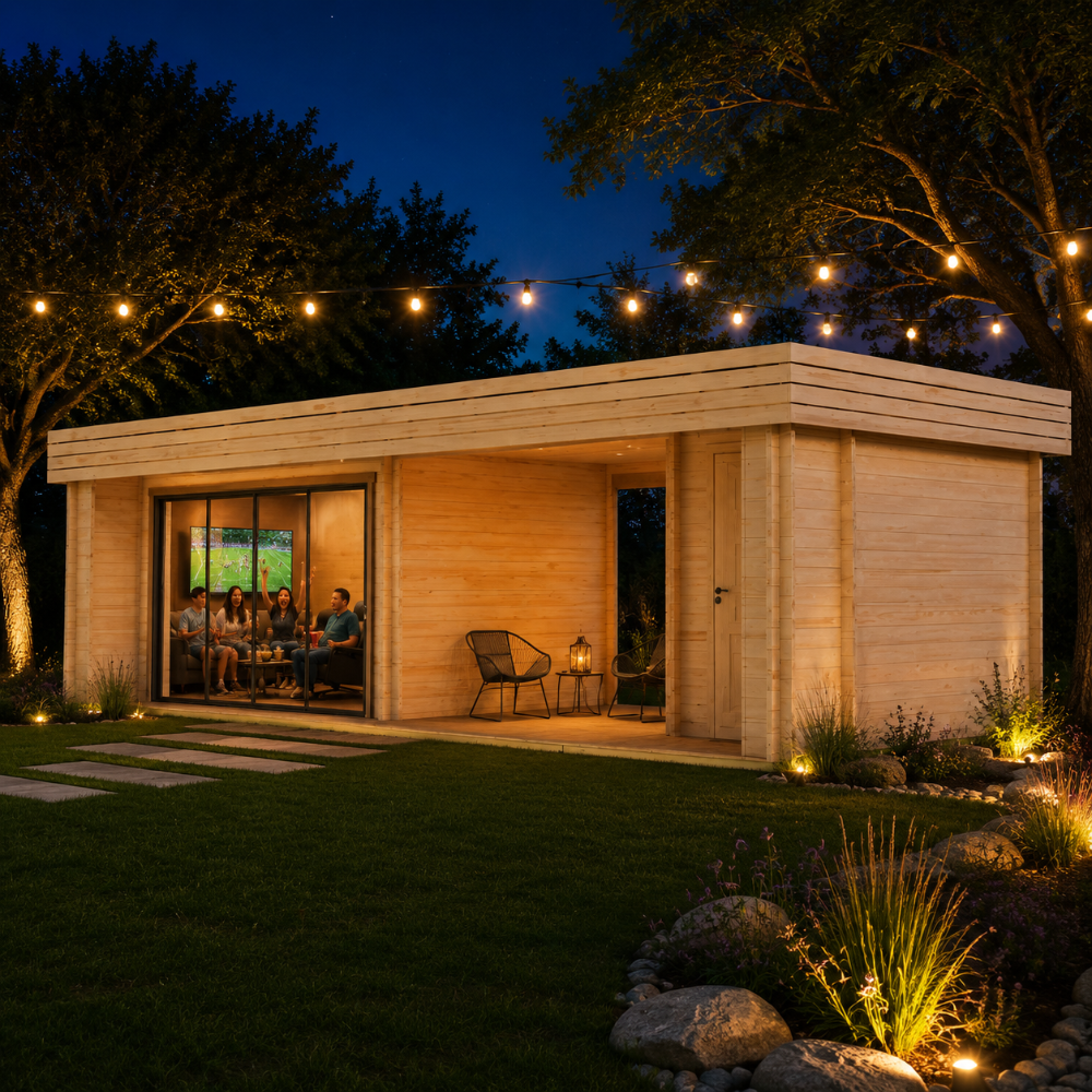 Rectangular light wood cabin with a flat roof, glass sliding doors, and a small porch illuminated by string lights at night.