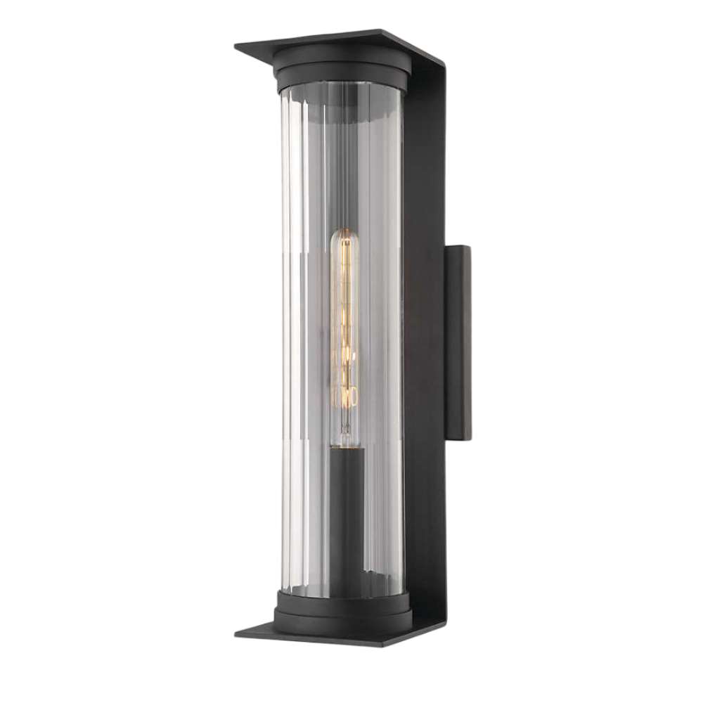 22 Inch Black Crate & Barrel Stirling Outdoor Wall Sconce Light in textured black iron and steel with a ribbed glass tube shade, shown in the main product view