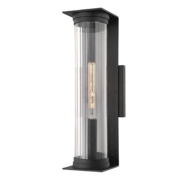 22 Inch Black Crate & Barrel Stirling Outdoor Wall Sconce Light in textured black iron and steel with a ribbed glass tube shade, shown in the main product view