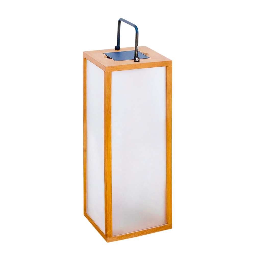 25 inch Crate & Barrel Les Jardins Tradition Teak LED Outdoor Solar-Powered Lantern with frosted panels in a tall weathered teak frame and a stainless steel handle