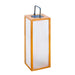 25 inch Crate & Barrel Les Jardins Tradition Teak LED Outdoor Solar-Powered Lantern with frosted panels in a tall weathered teak frame and a stainless steel handle