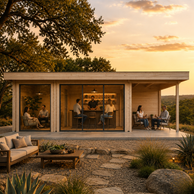 Modern wood ALU Concept 70O studio with glass doors, interior bar, and people sitting on a patio at sunset.