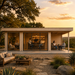 Modern wood ALU Concept 70O studio with glass doors, interior bar, and people sitting on a patio at sunset.
