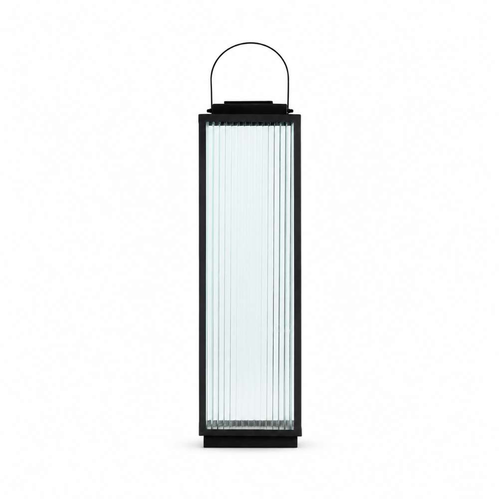 26.5 inch Crate & Barrel Alfresco Black Metal and Glass LED Solar Outdoor Lantern shown from a second angle