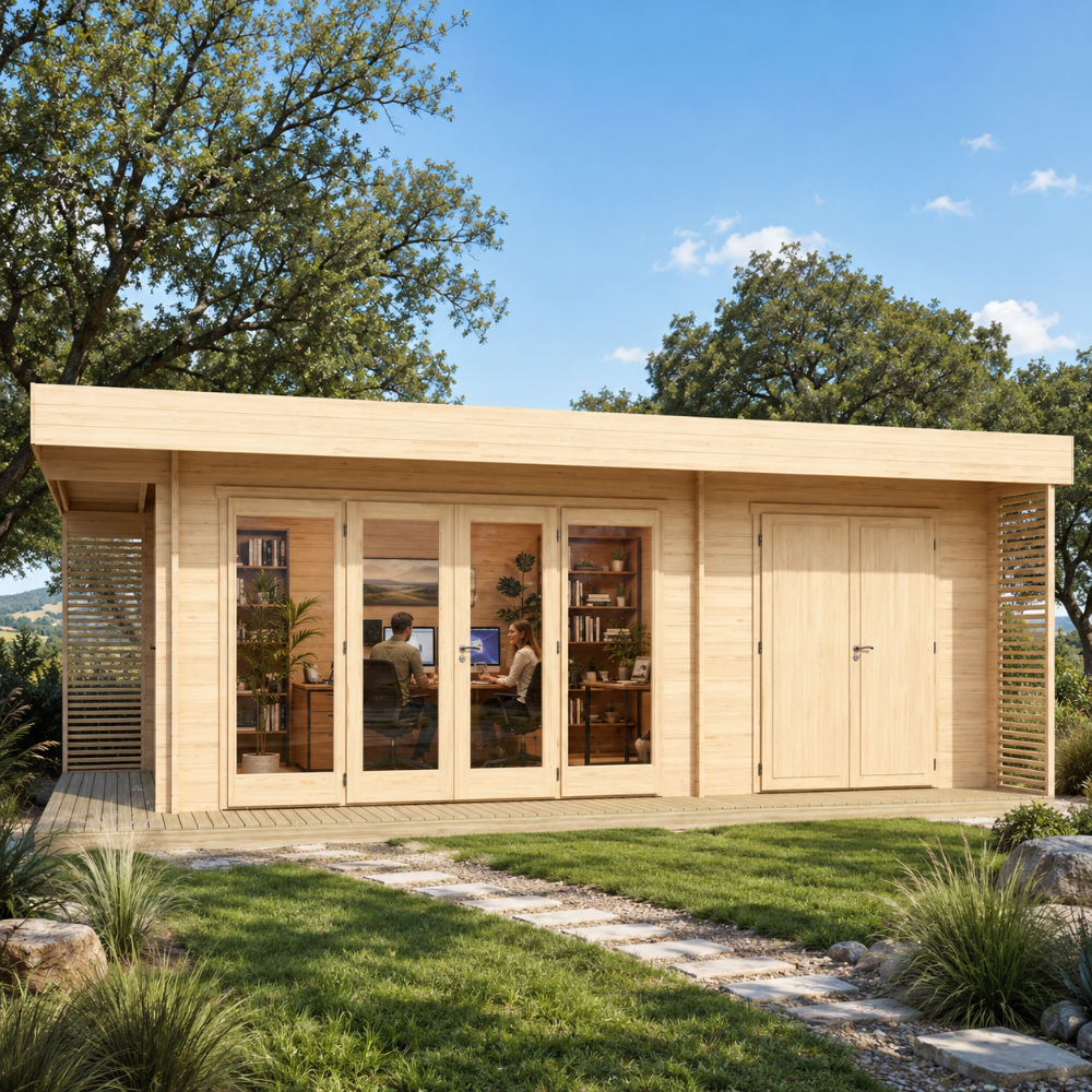 Rectangular light wood cabin with glass doors showing an office interior, set on a lawn with trees.