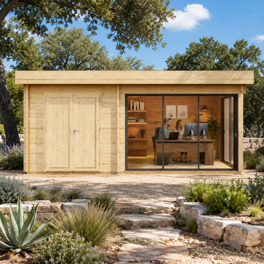 Rectangular light wood cabin with double doors and large glass windows showing two people at desks in a garden setting.