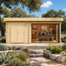 Rectangular light wood cabin with double doors and large glass windows showing two people at desks in a garden setting.