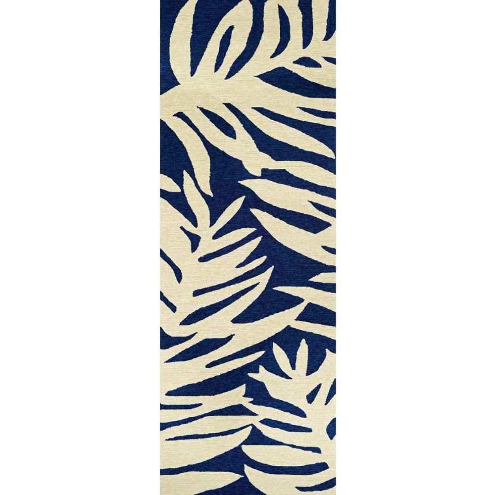 2'6" x 8'6" Runner Couristan Covington Indoor/Outdoor Rug - Palms/Navy displays the bold palm pattern in a long, narrow layout