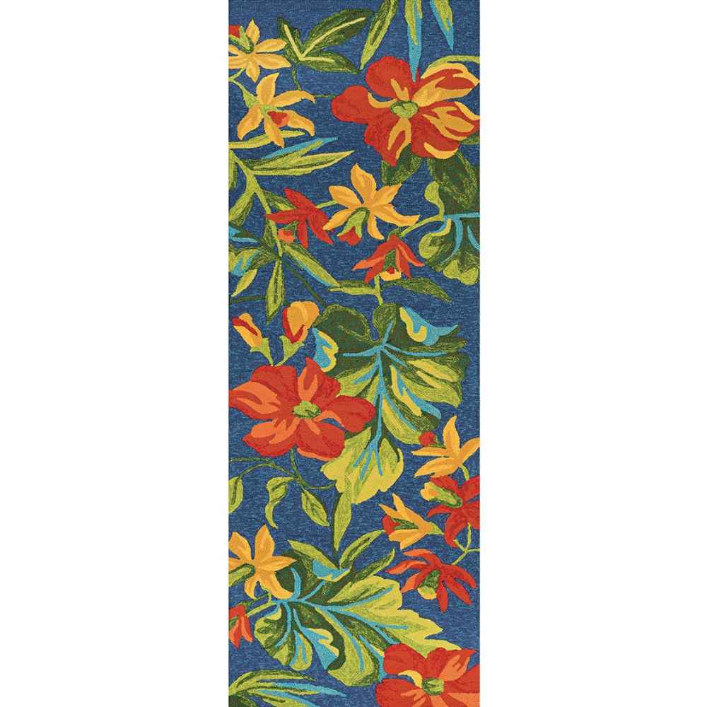 2'6" x 8'6" Runner Couristan Covington Indoor/Outdoor Rug - Tropical Orchid/Azure-Forest Green-Red displays a long, narrow format filled with lush, tropical imagery