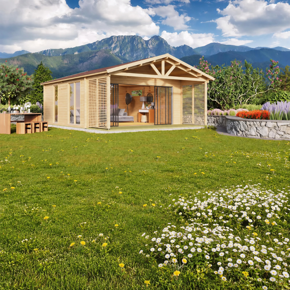 ALU Concept Arosa 70C garden room with a natural wood exterior, louvered front panels and furnished interior, surrounded by a flowering mountain garden.