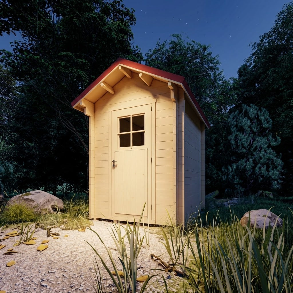 Small light wood outhouse with a red gabled roof and a windowed door, set in a forest at night.