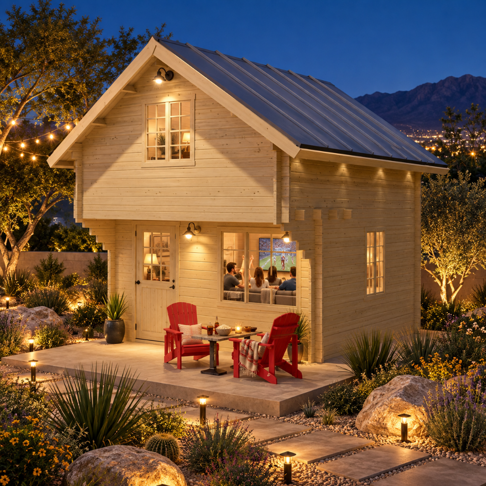 Illuminated pale-timber Freedom Room in a Nevada backyard at night, with family and friends watching sports inside. Pathway lights, desert plants, boulders, red patio chairs, string lights, and distant mountains create a welcoming evening setting.