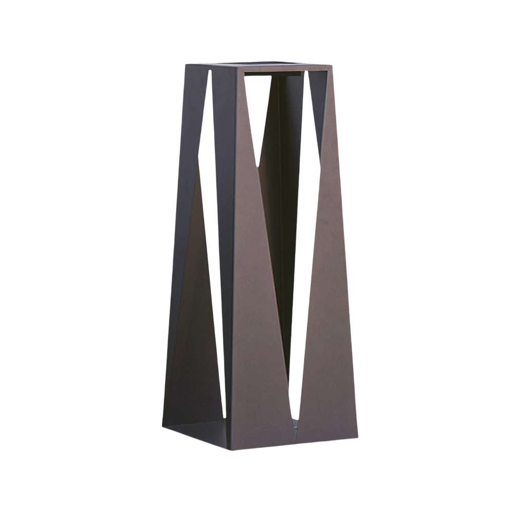30 Inch Cafe Brown Crate & Barrel Teatree Cafe Metal LED Solar Outdoor Lantern in carbon steel with an open triangular frame and conical reflector, shown in the main product view