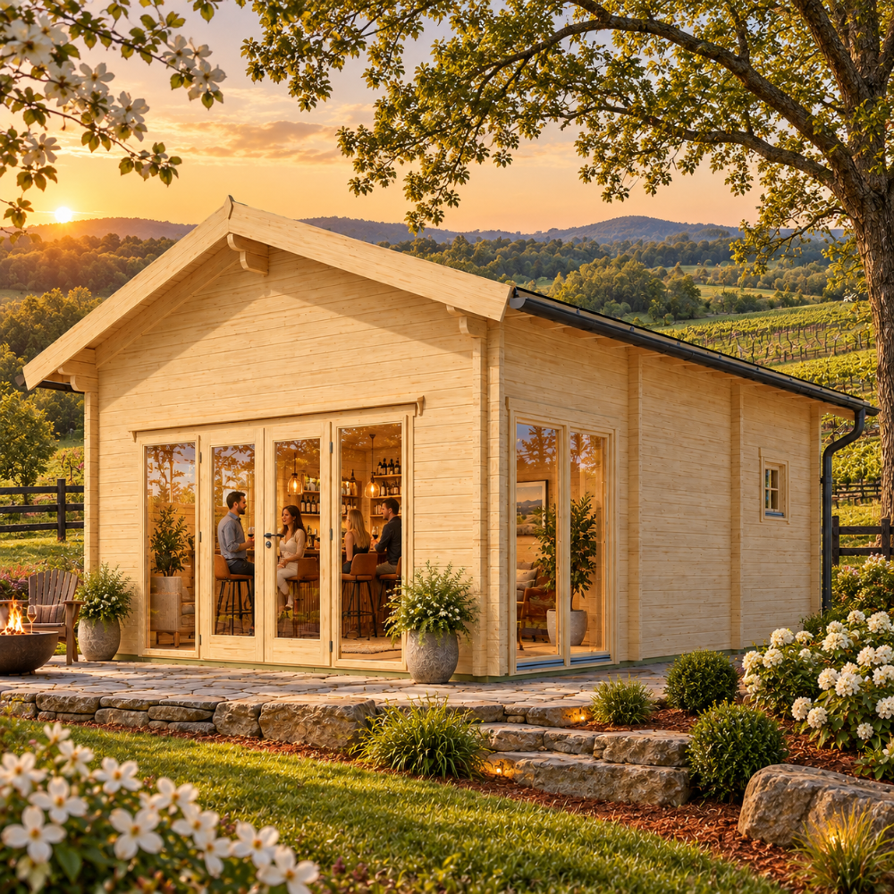 Sigrid 44 entertainment bar glowing at golden hour amid flowering dogwoods, vineyards, split-rail fencing, and rolling North Carolina Piedmont hills.