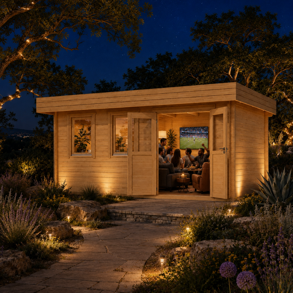 Rectangular wood studio with open double doors showing people watching TV inside a lit garden at night.