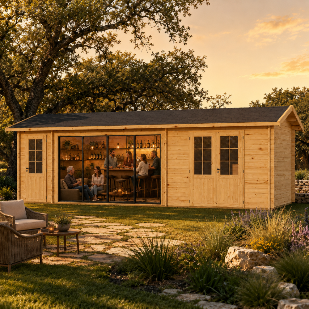 Rectangular light wood cabin with a dark gabled roof and glass doors, featuring people gathered at an interior bar at sunset.