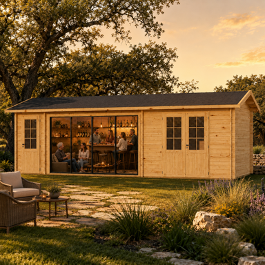 Rectangular light wood cabin with a dark gabled roof and glass doors, featuring people gathered at an interior bar at sunset.
