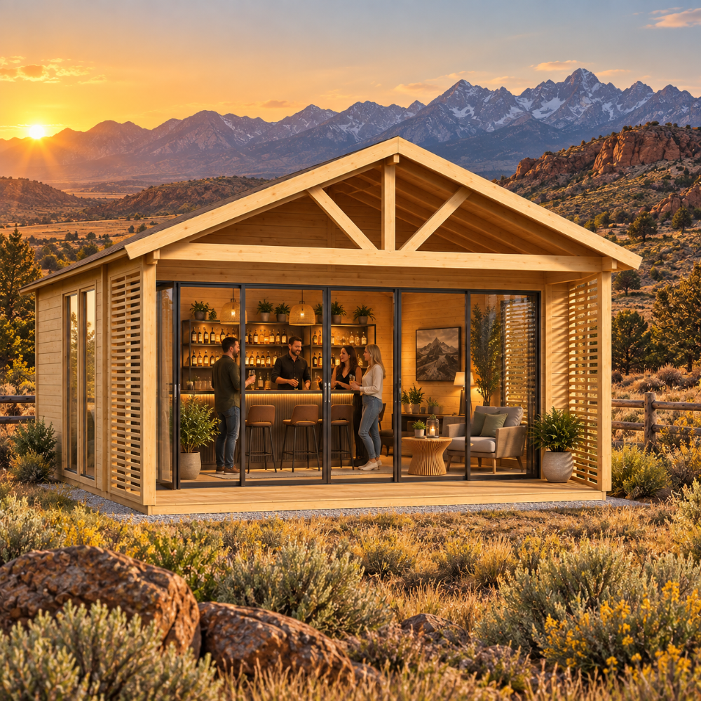 Front view of the ALU Concept Arosa 70C transformed into an upscale entertainment bar at golden hour amid sagebrush, rocky foothills, and distant Wyoming mountains.