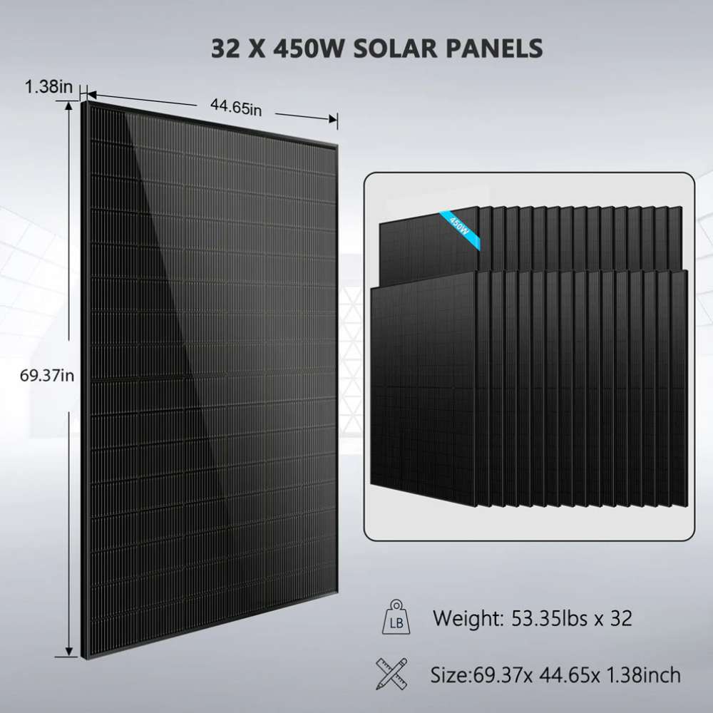 32 black 450W solar panels for Sun Gold Power 20000W 48VDC 120V/240V LiFePO4 30.72KWH Lithium Battery Off-Grid Solar Kit
