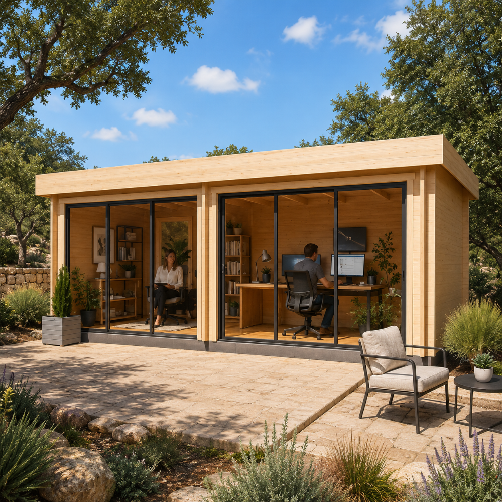 Rectangular wood Lasse 44A ALU studio with glass sliding doors and two people working inside an office setting.