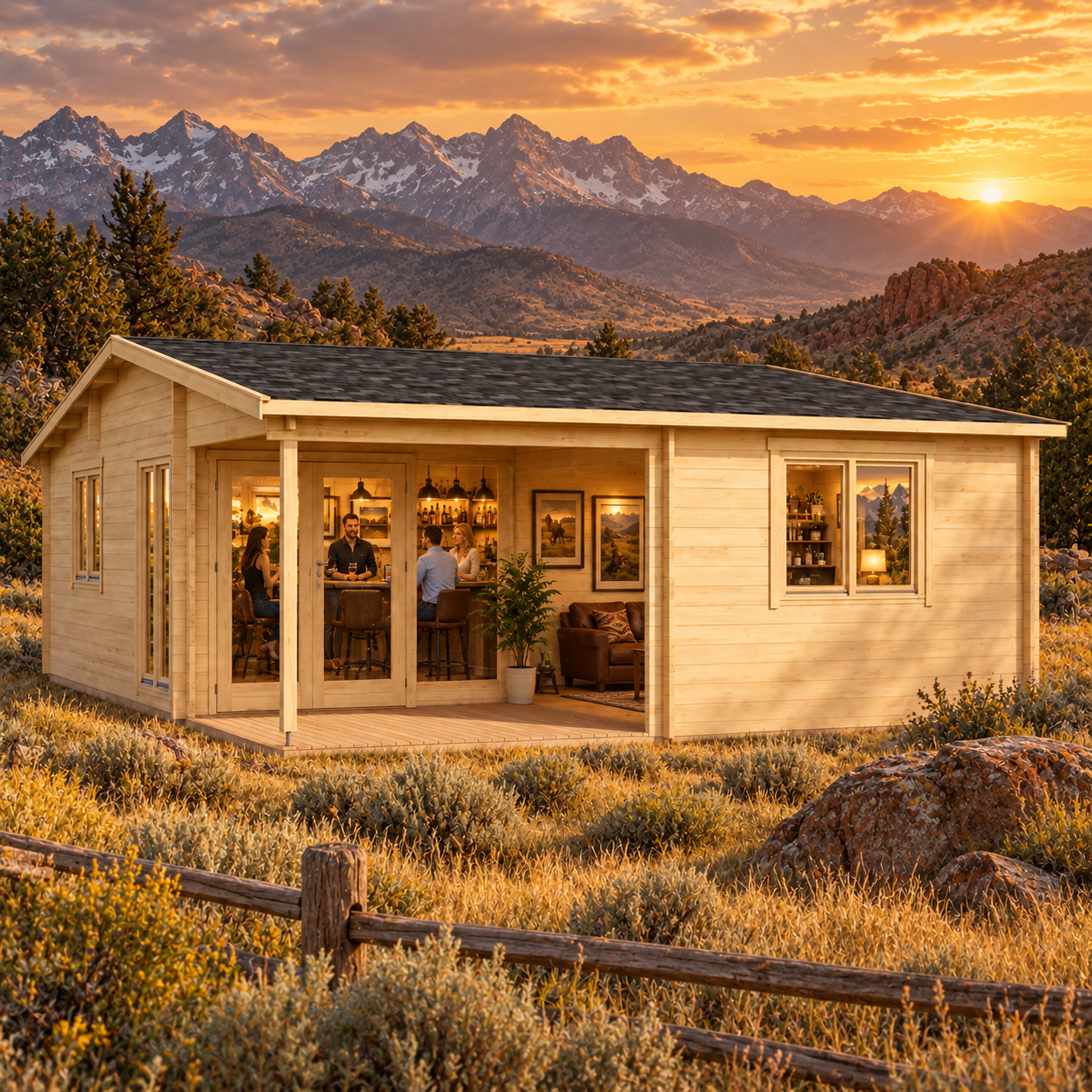 One light wood Skanderborg 70 cabin with a porch and glass doors set against a mountain sunset.