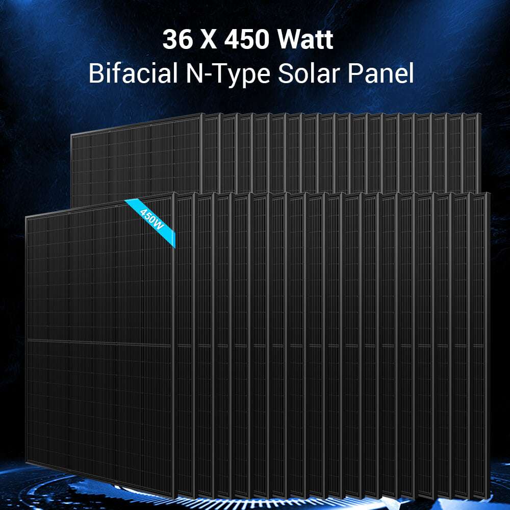 36 bifacial 450W solar panels from Sun Gold Power 11400W 48V Split Phase 51.2 KWH Lithium Battery Hybrid Solar Kit stacked for a complete solar array