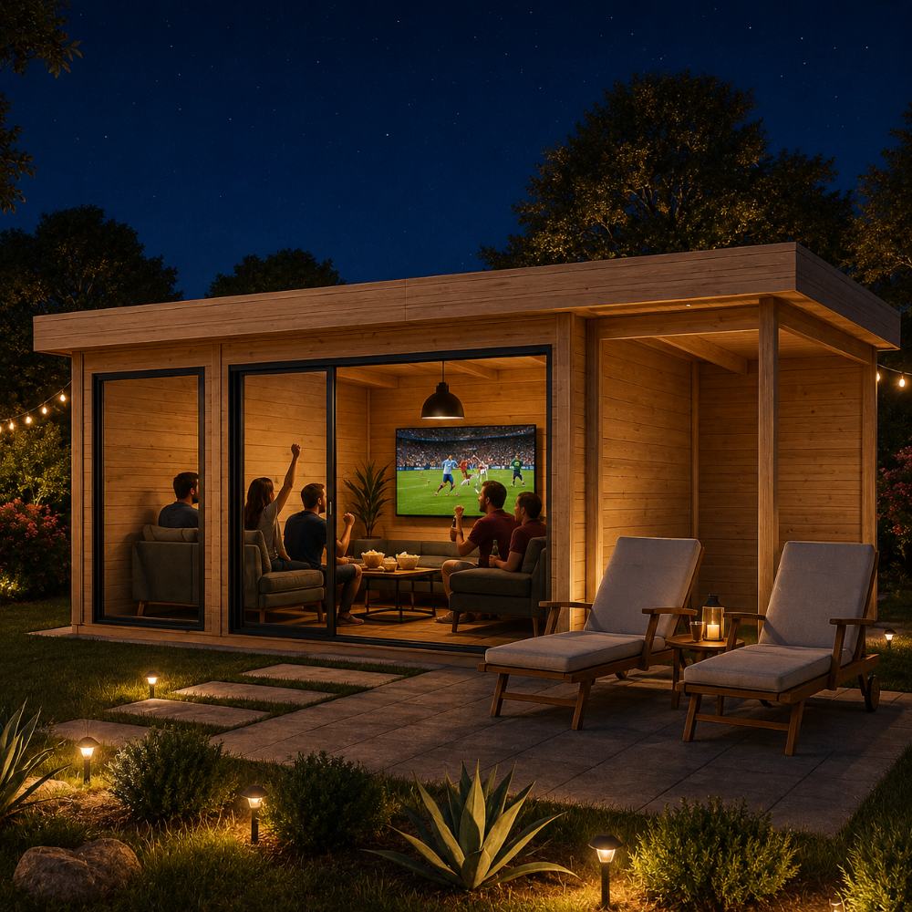 Rectangular wood ALU Concept 70O studio at night with people watching a game inside and two lounge chairs on a stone patio.