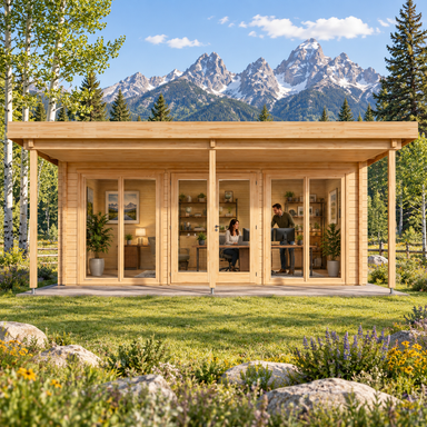 Rectangular light wood cabin with glass doors and windows, set in a grassy field with mountains in the background.