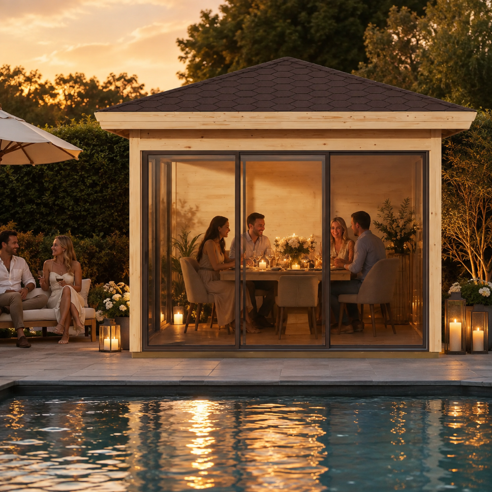 Square wood and glass pavilion with a dark roof by a pool, featuring four people dining inside at sunset.