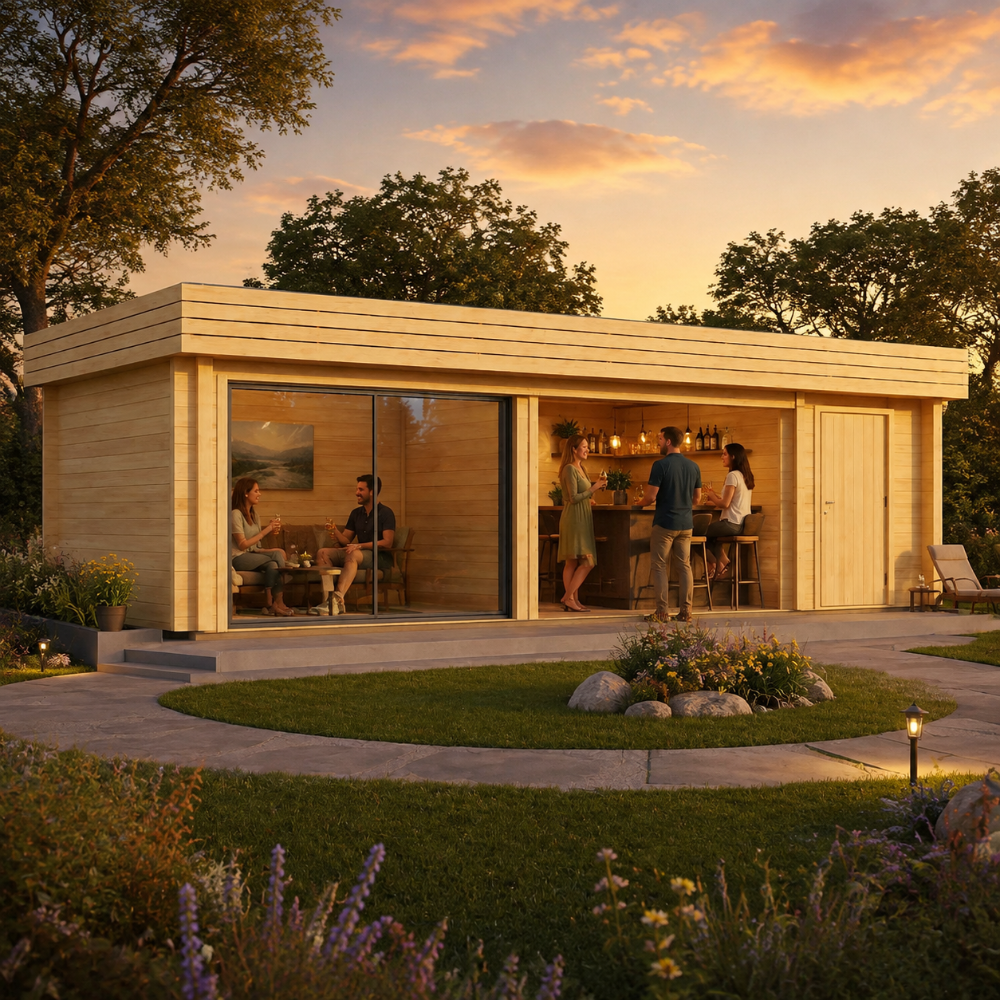 Rectangular wood Rait 44 Freedom Suite cabin with glass doors and people socializing at an indoor bar at sunset.