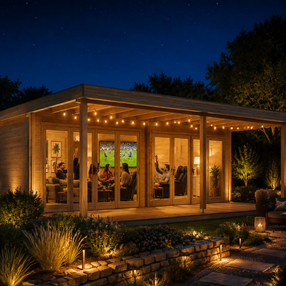 Rectangular wood studio with glass doors and string lights at night, showing people watching a game inside.