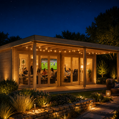 Rectangular wood studio with glass doors and string lights at night, showing people watching a game inside.